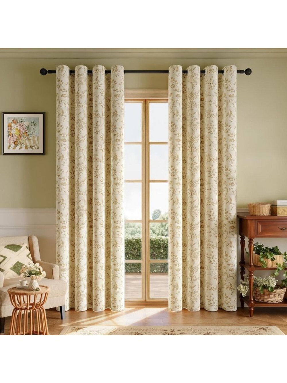 Beige Vintage Leaf Floral Blackout Curtains Set of 2, Grommet Top Linen Drapes